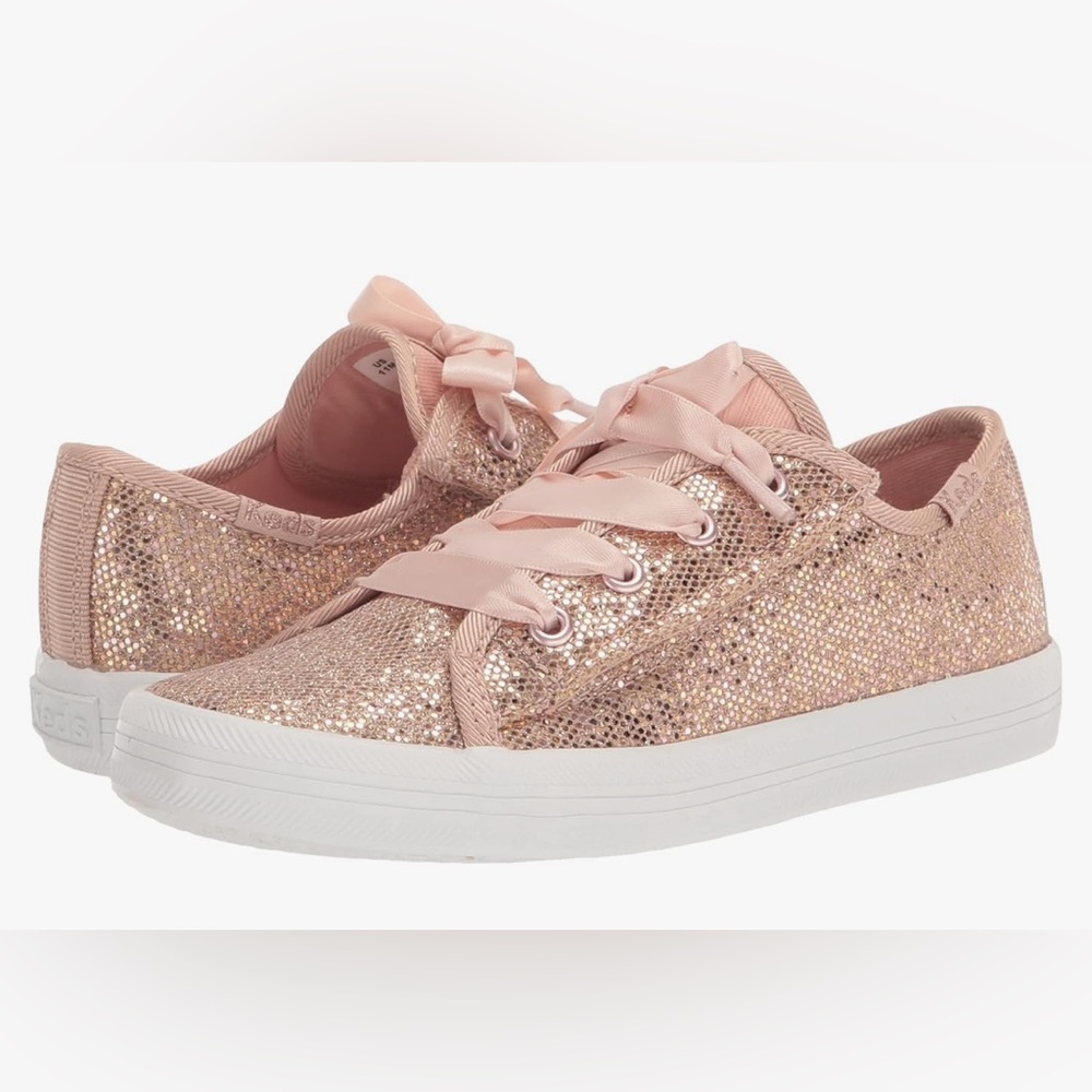 Keds Jr Rose Gold Glitter Satin Ribbon Sneakers 

	Kickstart Jr. Celebrations